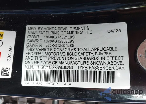 2025 Honda Accord Lx z USA, uszkodzony, nr VIN 1HGCY1F22SA030250